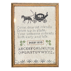 Vintage 1930 Embroidered Cross-Stitch Wall Art with Carriage Design